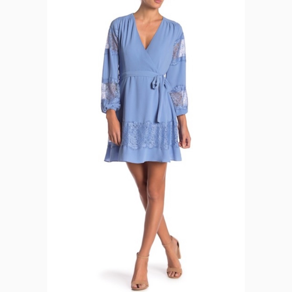 BB DAKOTA Lauryl Lace Insert Wrap Dress Sz 8 - Picture 1 of 8